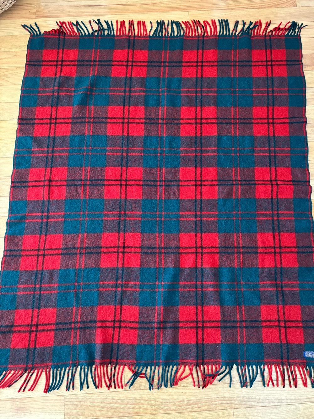 Pendleton Virgin Wool Blanket Fringe Tartan Red Green Plaid 54" x 48" Moth Holes